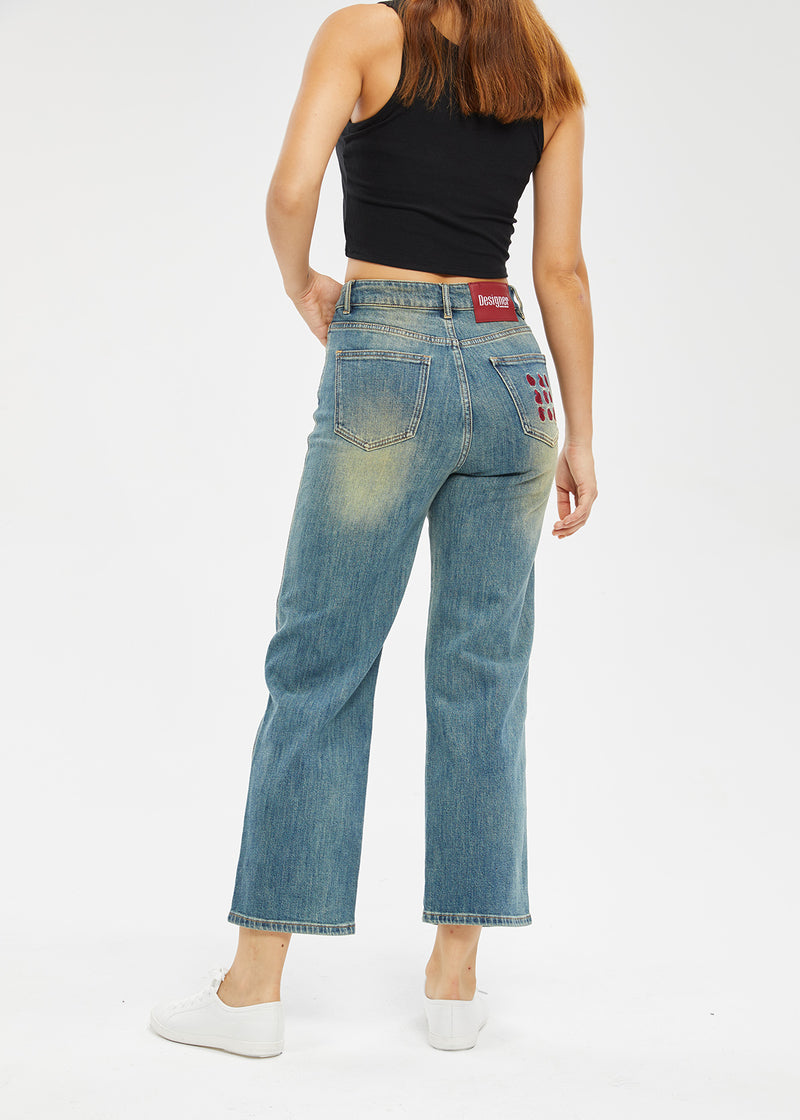 Women's Petite Mid Rise Retro Embroidery Straight Jeans