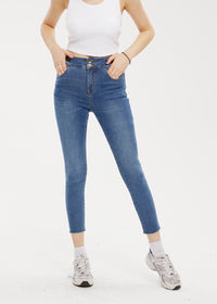 Women's Brushed Petite Mid Rise Fringed Skinny Jeans