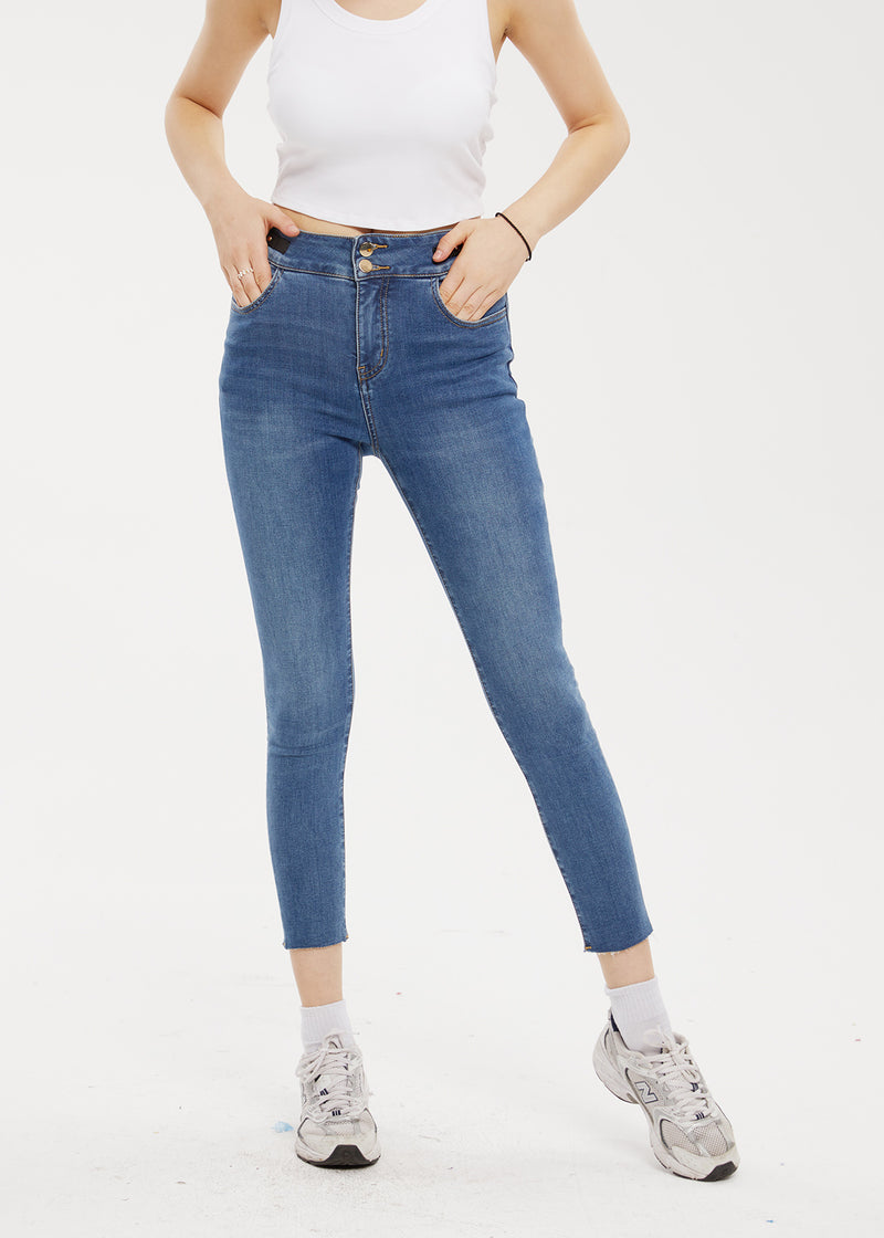 Women's Brushed Petite Mid Rise Fringed Skinny Jeans
