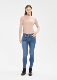 Women's Petite Mid Rise Brushed Fringed Skinny Jeans