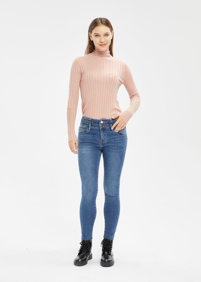 Women's Petite Mid Rise Brushed Fringed Skinny Jeans