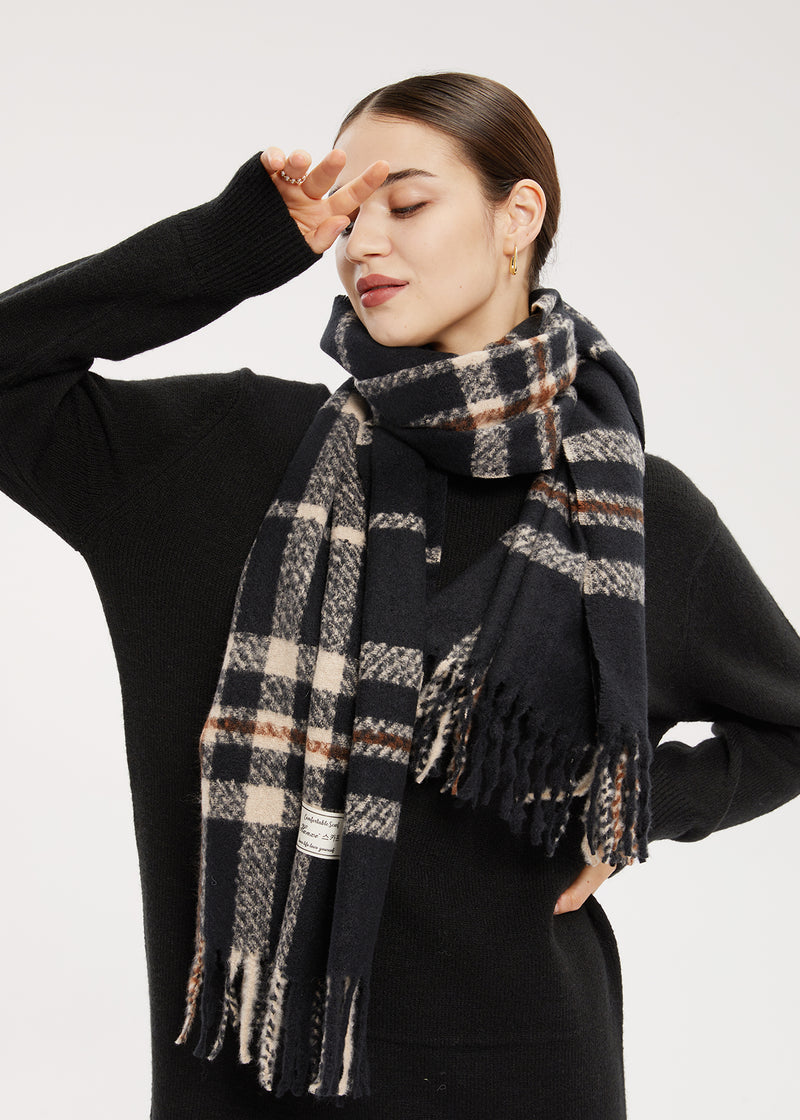 Fringed Soft Plaid Wide Scarf